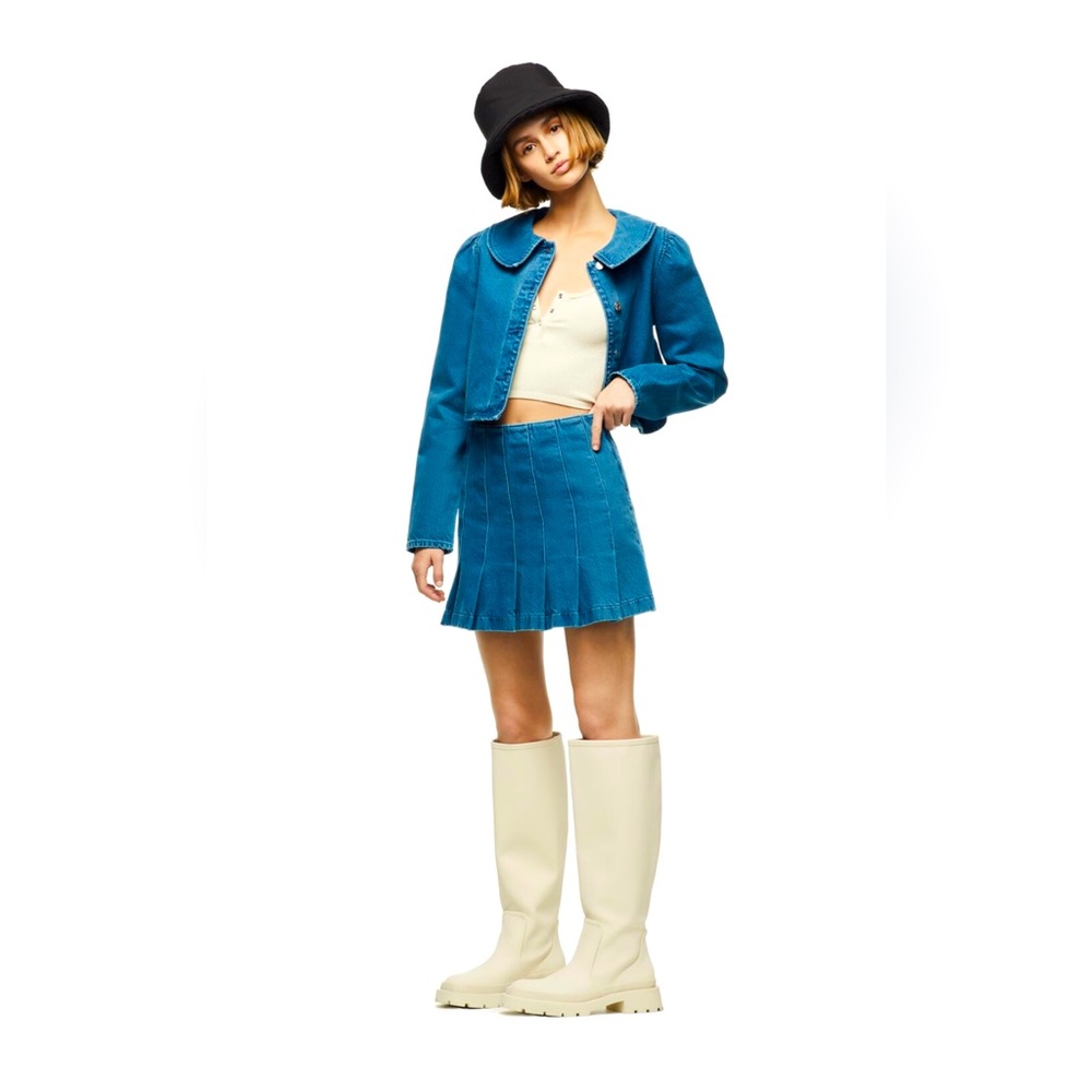 Zara Size Small Box Pleated Denim Skirt Petrol Blue